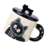 XuQiZZpp Keramiktasse mit Griff und Deckel, 370 ml, für Getränke, Wasser, Milch, Trinkbecher für Zuhause oder Büro, elegantes Katzenmotiv