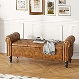 Ckaff Sitzbank mit Stauraum 132cm, Aufbewahrungsbox, Fußbank, Bettbank, Sitztruhe mit Armlehnen aus PU-Kunstleder für Wohnzimmer Schlafzimmer Flur, GelbBraun