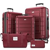 SHOWKOO Kofferset 5 Teilig Hartschale Leicht ABS+PC Erweiterbar Reisekoffer Haltbar Handgepäck Sets 4 Rollen TSA-Schloss mit 1 Reisetasche und 1 Kulturtasche - Rot