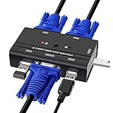TCNEWCL 2 Port KVM Switch VGA mit 2-in-1 Kabel, VGA USB KVM Switcher 2 PCs 1 Monitor, mit 3 USB 2.0 Schnittstellen für Tastatur, Maus, Drucker, U-Laufwerk, unterstützung 1080P Full-HD