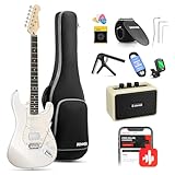 Donner E-Gitarre Set 39 Zoll mit Ahorn Griffbrett, E Gitarren mit Verstärker, Tasche, Capo, Gurt, Saiten, Tuner, Kabel und Plektren (Weiß)