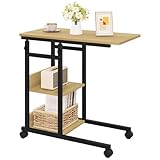 WOLTU Beistelltisch Couchtisch Sofatisch Wohnzimmertisch Laptoptisch Betttisch, C-förmig höhenverstellbar, mit Rollen, aus Metall Holzwerkstoff, helle Eiche + Schwar, BTS08hei