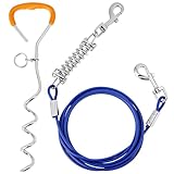 QWORK® Robuster Anlegepflock und 3 Meter Edelstahl Leine mit stoßdämpfender Feder - Für kleine bis große Hunde bis 50 kg