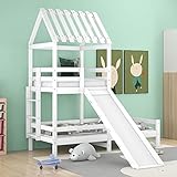 FocusOnHome Rutschbett mit mit rechtwinkliger Leiter, Hausbett mit Dach, Kinderbett, Spielturmbett mit Fallschutz und Gitter, Rahmen aus massiver Kiefer, weiß (200x90cm & 100x90cm)