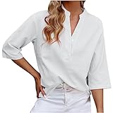 Bluse Damen V-Ausschnitt 3/4 Ärmel/Langarm Baumwolle Leinen Shirt Hemd Lässig Plissiert Ausgestellte Ärmel Locker Bluse Vintage Einfarbig Oversize Tshirt Blusenshirt Große Größen Longbluse Tops