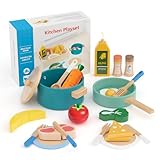 Spielküche Zubehör, Kinderküche Zubehör Holz küchenzubehör Kinder Küchenspielzeug, Spielzeug Lebensmittel mit Töpfe und Kochgeschirr, Holzspielzeug Geschenk für Kinder 3 4 5 6 Jahre Mädchen Jungen