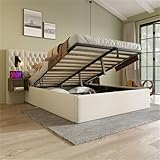 Bettanlage Schlafzimmer Komplett Set Hydraulisch Polsterbett mit 2 Nachttischen Doppelbett King Size Kopfteil Leselicht mit USB Ladefunktion Stauraumbett Beige 1102 Ohne Matratze 180x200 cm