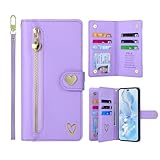 ATISIJIE Hülle für Huawei P10+ Handyhülle,goldenem Herzmuster Leder Hülle mit 9 Kartenfächer Reißverschluss Geldbörse Schutzhülle,Frauen Mädchen Magnetic Flip Wallet-Lila