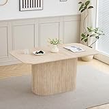 GrandCA HOME Rechteckiger Esstisch mit Abgerundeten Ecken, Moderner Küchentisch aus Holz, 160 cm, Rechteckiger Holzfuß, Große MDF-Arbeitsplatte, für 4–8 Personen, Gelber Travertin