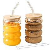 2er Set Bubble Tea Becher, Latte Macchiato Gläser Set, 300ml Trinkgläser mit 2 Deckel, 2 Strohhalm und 1 Bürste, Glasbecher mit Deckel, Eiskaffee Gläser für Ice Coffee, Cocktail, Smoothie Glas, Beer