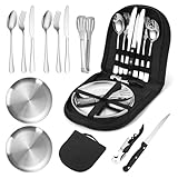 Camping Geschirr Set für 2 Personen,12 Stück Tragbars Campingbesteck Set aus Edelstahl für Camping, Picknick, Reisen-Inklusive Bestecktasche Edelstahl-Gabeln, Messer und Löffel,Wiederverwendbar