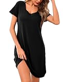 Aseniza Nachthemd Damen Kurzarm Schlafshirt Spitze Kurz Sommer Sleepshirt Schlafkleid Nachtwäsche Nightgown Baumwolle V-Ausschnitt Schwarz L