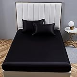 Boqingzhu Satin Spannbettlaken 160x200cm Schwarz Uni Seide Spannbetttuch Microfaser Bettlaken für bis 25cm Matraze