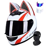 BCYBD Girl Damen Katzenohren Integralhelm Fullface Helm ECE Zertifiziert Abnehmbare Innenauskleidung/Katzenohren Vollvisierhelm Mit Transparenten Und Farbigen Linsen S-XL 55-62CM