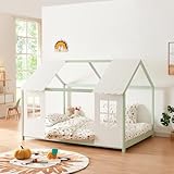 [en.casa] Kinderbett Tostedt Hausbett Jugendbett Bettenhaus Spielbett Halboffenes Design Montessori Bett aus massiver Kiefer Bettgestell Holz 140x200cm Mintgrün/Weiß