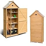 HOMASIS Gartenschrank Holz, Gerätehaus Wetterfest Outdoor, 80x45x177cm, Gartenhaus mit 5 Ablagen & Schrank, Geräteschuppen mit Satteldach, Gartenschuppen Gartenhütte Geräteschrank, Natur