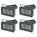 Digitales LCD-Thermometer, Temperaturmonitor mit externer Sonde, Wassertemperatur-Thermodetektor, Temperatur-Feuchtigkeitsmessgerät für Kühlschrank, Gefrierschrank, Aquarium, Schwarz, 4 Stück