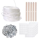 1600cm Kerzendocht, Dochte für Kerzen Set mit 100 Stück Metallbasis, 100 Stück Aufkleber,5 Holzstreifen,Baumwolle Kerzendocht Set für DIY Weihnachten Dicke Kerzen