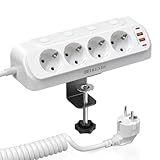 Tischsteckdose Schreibtisch mit USB C PD 20W, Steckdosenleiste mit 4 Einzeln Schalter, 4 Fach Ecksteckdose, Mehrfachsteckdose Wandmontage mit Federdraht 2M Kabel, Überspannungsschutz-Weiß