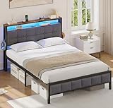 AOGLLATI Polsterbett 140x200 mit Ladestation Bett 140X200 mit LED-Beleuchtung,Bettgestell mit Lattenrost Metallbett Jugendbett mit Kopfteil aus Leinenstoff (140×200cm)