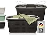 Hausfelder Wäschewanne mit Henkel 58x37x25cm, Wäschekorb groß 2er Set, Wäschekörbe stabil mit Griff aus Kunststoff 35l (Anthrazit-Schwarz, 2 Wannen) 