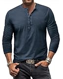 YawYews Henley Shirt Herren Langarm Langarmshirt Herren Longsleeve T Shirt Vintage Tshirt Baumwolle Longshirt Blau XL