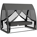 Outsunny 2 in 1 Hollywoodschaukel mit Liegefunktion 3-Sitzer Gartenschaukel mit Baldachin, Mückennetz, Schaukelbank belast bis 300kg, Gartenliege für Garten, Terrasse, 240 x 140 x 197 cm, Grau