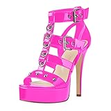 Only maker Damen Gotische Sandalen Punk Sandaletten High Heels T-Riemen Schaftsandalen mit Nieten Schnallen Lack Rosa 46 EU