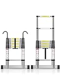 TECKNET Teleskopleiter 2,6m, Belastung 150kg/ 330lbs, Aluleiter Ausziehbar mit Stabilisatorstange und abnehmbaren Haken, Mehrzweckleiter für Dachboden Büro Wohnmobil Klettern