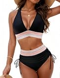 Hicodbek Bikini Damen Set Zweiteilig Badeanzug Hohe Taille Kordelzug Bademode Badeanzüge Bikinis für Frauen Mädchen Badebekleidung Bandeau (Schwarz,M)