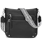 Waniki Umhängetasche Damen Mittelgroß Handtasche Schwarz PU Leder Crossbody Bag Moderne Schultertasche Damenhandtasche Klein Handtaschen mit verstellbarem Breiter Gurt für Frauen
