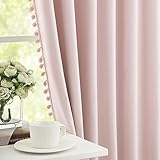 Treatmentex Blickdicht Vorhang mit Pompons Rosa Vorhang mit Ösen Landhausstil Wärmeisoliert Thermovorhang Verdunkelungsvorhänge für Mädchenzimmer,Wohnzimmer,Schlafzimmer-2 Stück(Rosa,140x180cm)