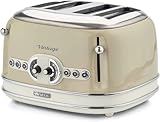 Ariete Vintage 156, 4-Scheiben-Toaster, Retro Toaster mit 6 Toaststufen, Automatischer Auswurf, Auftaufunktion, Herausnehmbares Krümelfach, Gehäuse aus Edelstahl, 1600W, Beige