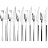 WMF Nuova Steakbesteck 12-teilig, für 6 Personen, Set für 6 Personen, Steakgabel und Steakmesser Set aus Cromargan Edelstahl poliert, spülmaschinengeeignet, Grillbesteck in Holzkiste