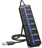 GLOBAL TECH 7-Port USB Hub 3.0 – USB Verteiler Multiport Adapter mit EIN/AUS Schalter und LED Anzeigen – USB Hub Splitter fur PC, Laptop, MacBook, USB Stick, Externe Festplatten und mehr