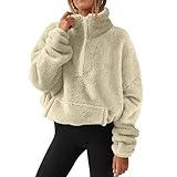 Lässige Damenbluse, modisch, einfarbig, Stehkragen, langärmelig, übergroß, halber Reißverschluss, Fleece, Sweatshirt, Sale, Herbst, Winter, weiches Fleece, warm, Pullover mit Tasche, beige, M