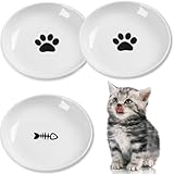 Keramik Katzennapf 3er Set, Weiß - Futternapf Katzen Flach mit Rutschfestem Silikonring für Perser & Flachgesichter - Spülmaschinenfest, Hygienisch