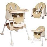 Kidsbuddy 4 in1 Hochstuhl Baby,Kinderhochstuhl,Kombihochstuhl,Verstellbarer Umwandelbarer Babyhochstuh mit Sicherheitsgurte,Tablett,Einfach zu Reinigen,Babystuhl Sitz ab 6 Monat bis 6 Jahre,Beige