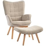HOMCOM Sessel mit Hocker, Ohrensessel mit Hoher Rückenlehne, Holzbeine, Loungesessel mit getuftetem Design, Cord-Optik, für Wohnzimmer, Hellbraun