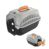 LZQ Hundetransportbox Auto aus PP-Kunststoff, Katzentransportbox bis 10 kg, Transportbox für Kaninchen Hunde und Katzen, mit Metalltür Vorne für Einfachen Zugang, Transportbox Katze(Schwarz + Grau)
