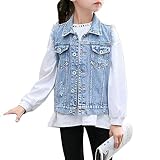 Nyeemya Mädchen Ärmellose Jeansjacke Denim Outfit Jacke Zerrissene Jeansweste Frühling Herbst Weste Mantel mit Knopf für Kinder Hellblau 146-152