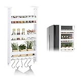 Relaxdays Hängeregal für Kühlschrank, Aufbewahrung von Gewürzen, mit Küchenreling & 5 Haken, MDF, HBT: 74x42x20 cm, weiß