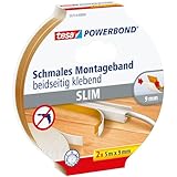 tesa Powerbond Montageband Schmal, 2 Stück - extra schmales Montageklebeband aus Schaumstoff, doppelseitig klebend - beige, 5 m x 9 mm - 2 Rollen