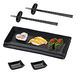 GOIEHIR 8-tlg. Sushi Platte Schiefer mit Dipschalen, 21 × 10cm Sushi Geschirr Schieferplatten mit Stäbchen, Ablagebänkchen Dipschalen Schiefertellern für 2 Personen