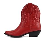 Soda Damen Cowgirl Cowboy Western genähte Stiefeletten spitze Zehen kurze Booties Rigging-S, Rot PU, 38 EU