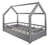 Velinda Kinderbett Hausbett Spielbett Abenteuerbett Einzelbett mit Absturzsicherung (Farbe: grau)