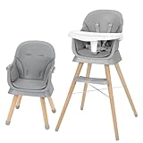 Hochstuhl Baby, Kinderhochstuhl, Babystuhl, Kombihochstuhl, Beine aus Holz, umwandelbar zu Sitzerhöhung & Barhocker, mit 5-Punkt-Gurt und abnehmbare Tablett (Grau)