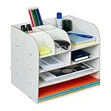 Relaxdays Schreibtisch Organizer mit Dokumentenablage, 10 Fächer, HBT: 27,5 x 32,5 x 25 cm, Büroorganizer MDF, weiß