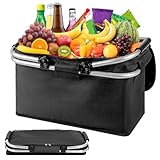 Vmxlso Einkaufskorb Faltbar 18L, Thermo Einkaufskorb als Picknickkorb, einkaufskorb mit Deckel, Reißverschluss und Aluminiumgestänge Tragegriffen, einkaufskorb Schwarz für Picknick, Reisen, Einkaufen