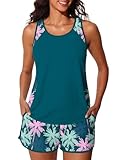 Summer Mae Bescheidener Tankini-Badeanzug für Damen, strukturiert, gerippt, Bauchkontrolle, Badeshorts mit Taschen, Pink-blaue Handflächen, 44